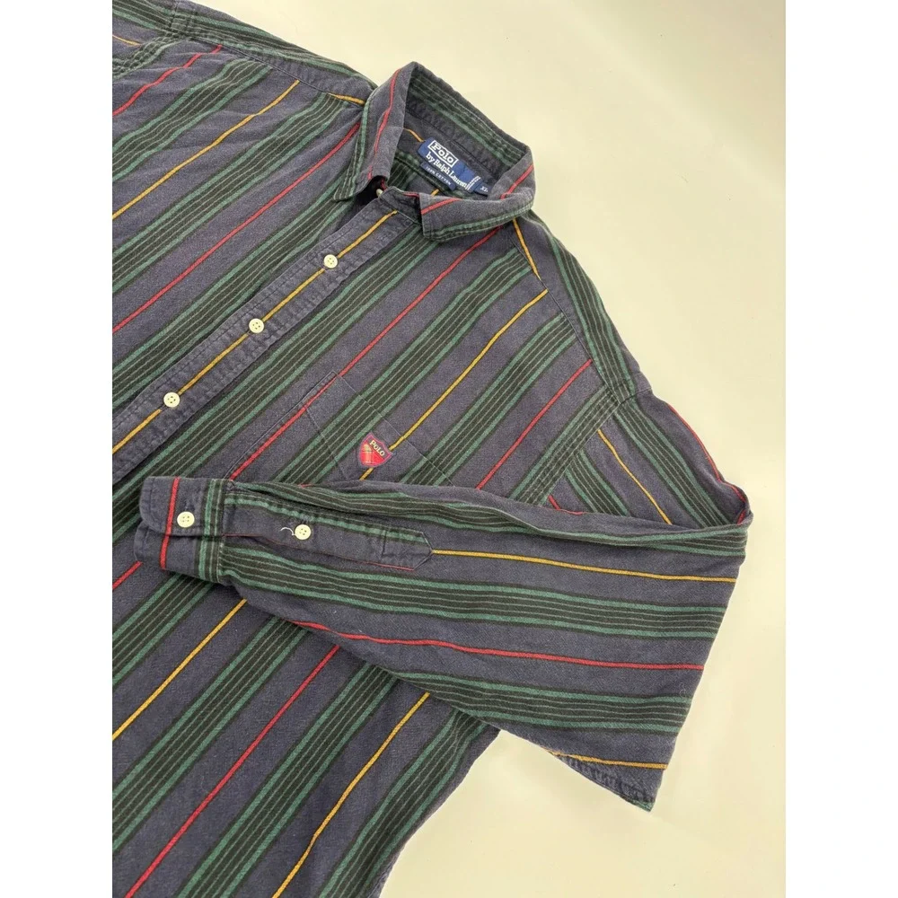 Vintage Polo Ralph Lauren Striped Button Down Shirt Mens XL Crest Patch Navy